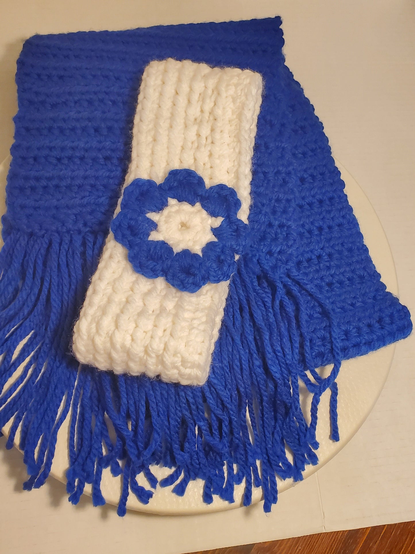 Item #48: Crochet Scarf and  Ear Warmer Set, Blue & White