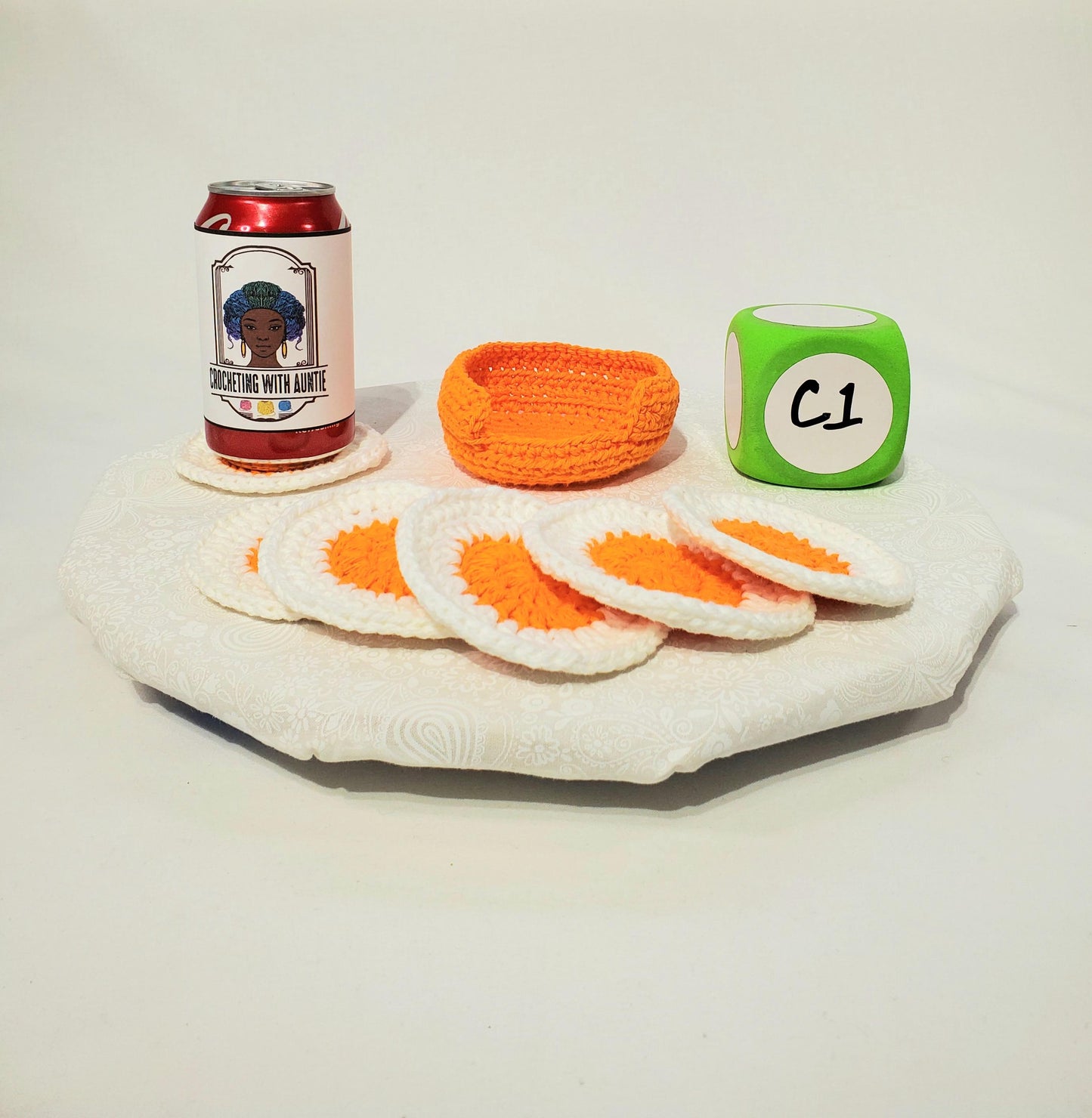 Crochet Coaster Set with Holder, orange and white