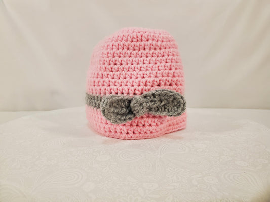 Item #101:  Crochet Beanie, Pink With Grey Bow, Size 6 to 12 Months, Made With 100% Acrylic Yarn