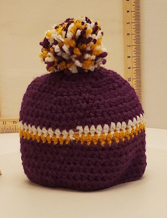 Item #40: MN Vikings Inspired Crochet Beanie With A Pom, Size 6-9 Months, Made From 100% Acrylic Yarn