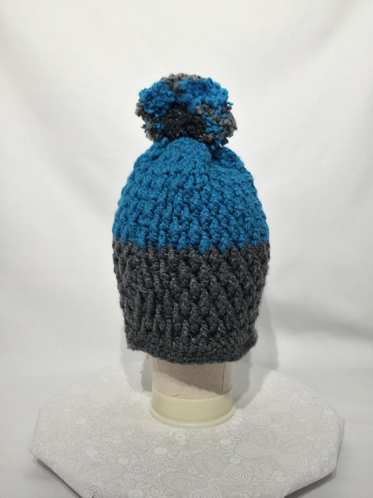 Crochet Hat with Pom, Grey and Teal