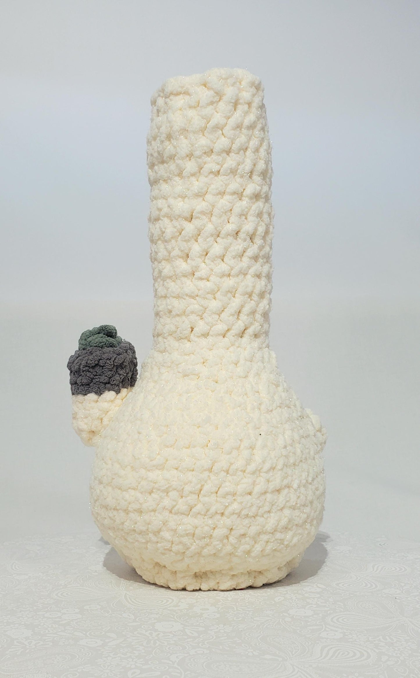 B13: Crochet Bong, Sparkle White, made with 100% polyester, soft blanket yarn, and safety eyes, approx. 12" x 5", 11 oz