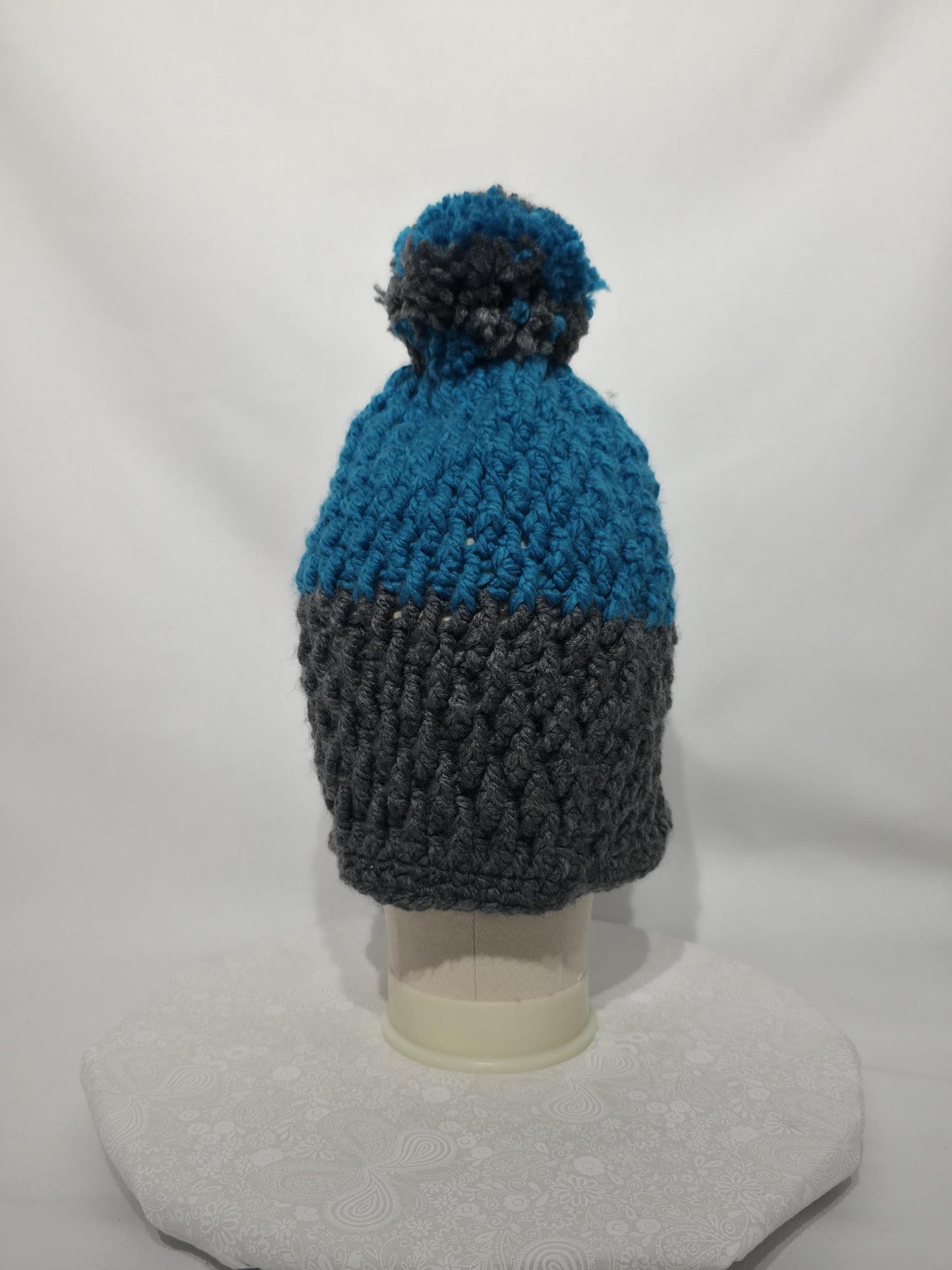 Crochet Hat with Pom, Grey and Teal