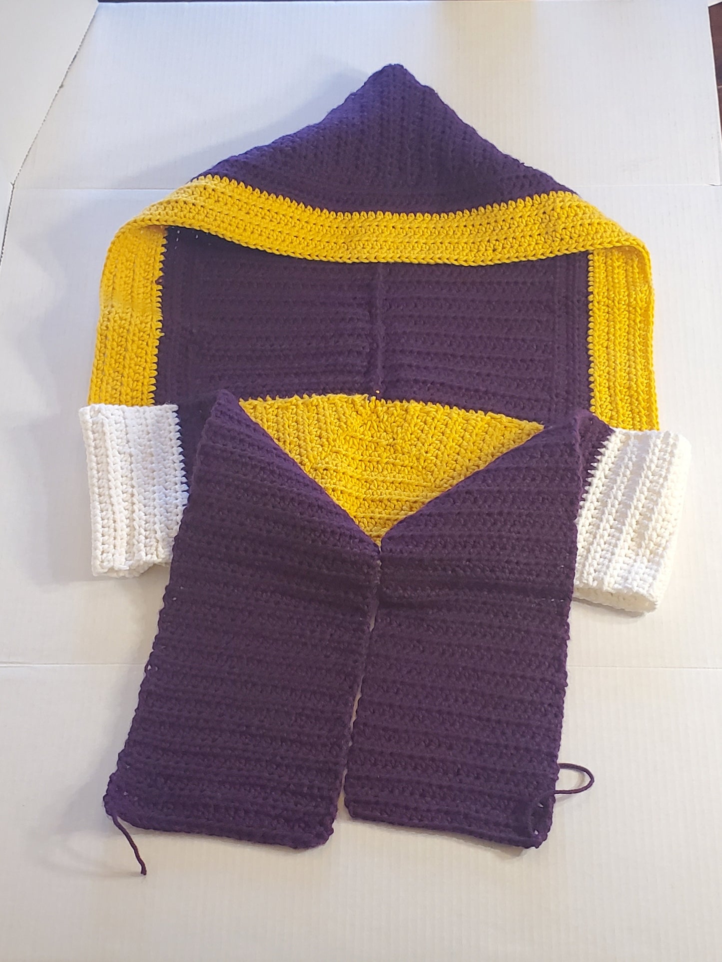 Item #63: MN Vikings Inspired Crochet Hooded Scarf, Adult Sized, 5' Long 6.5" Wide, Made With 100% Acrylic Yarn