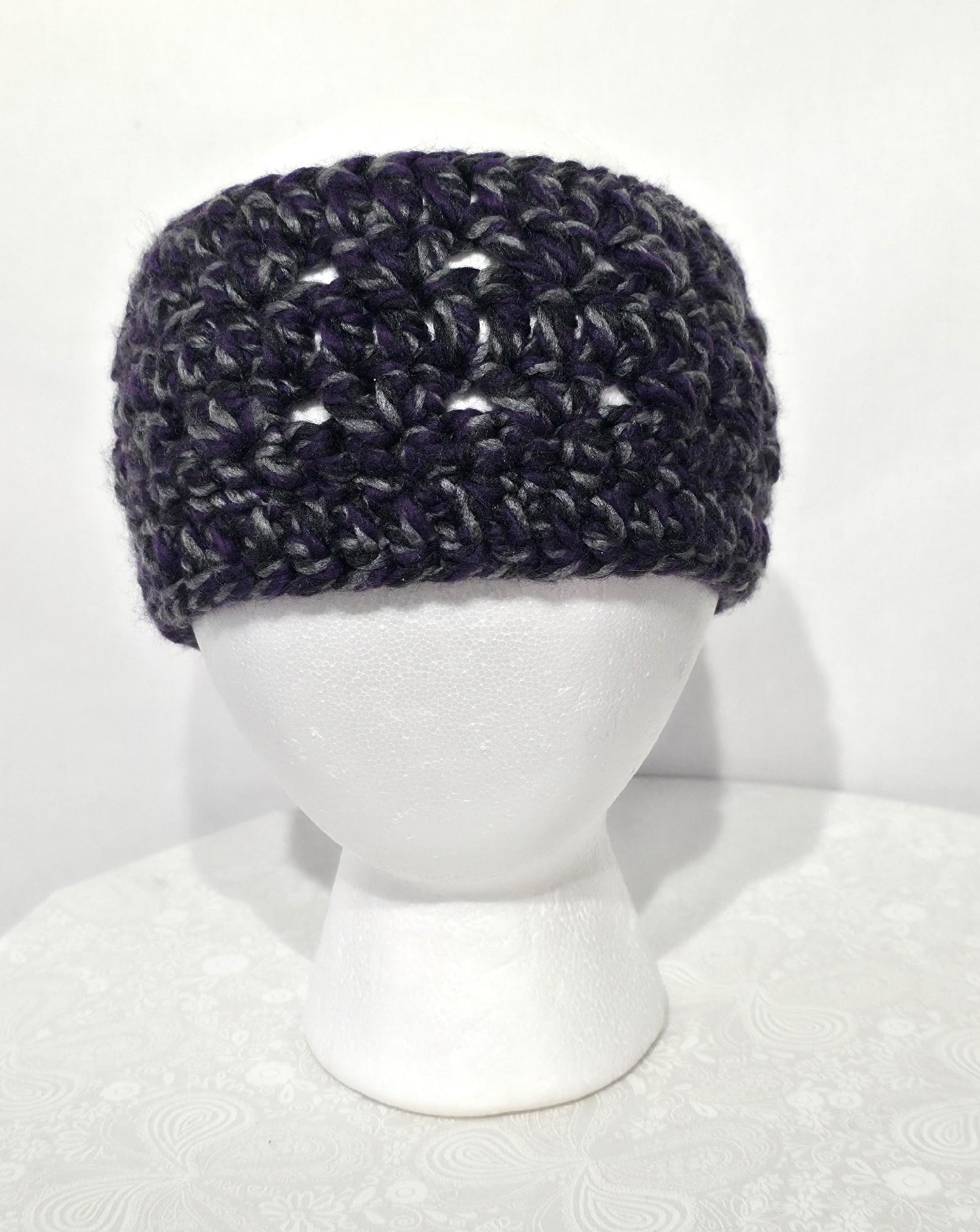 Crochet Ear Warmer and Scarf, Purple And Gray