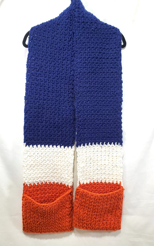 CB1: Chicago Bears Inspired Scarf with Pockets, 6 1/2 ft long, 8 in wide, pockets 8 in deep, warm and thick, made with 100% acrylic yarn.