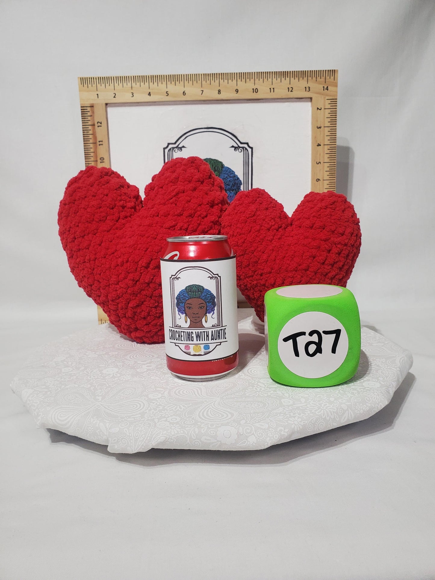 2 Crochet Heart Pillows / Stuffy / Toys, Red