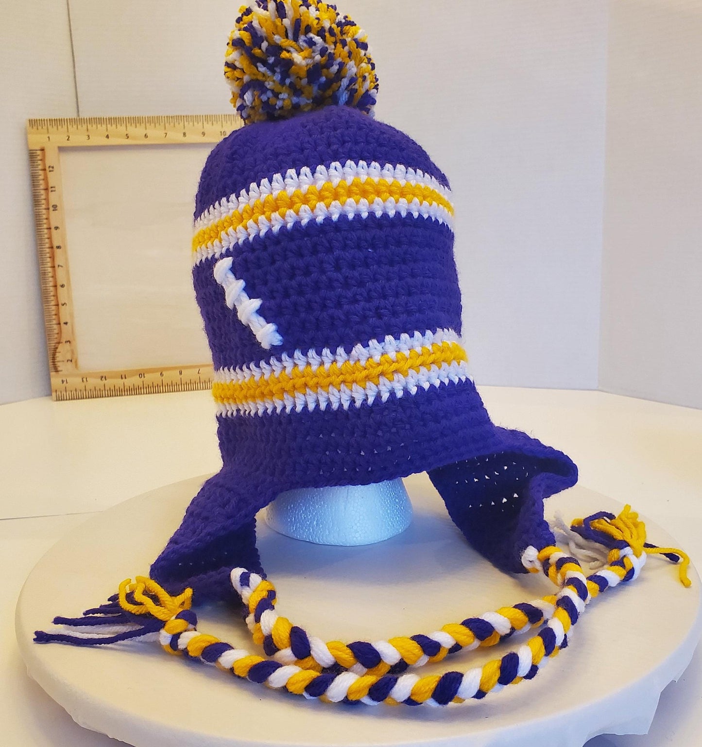 Item #30: MN Vikings Inspired Crochet Ear Flap Hat, Size - Adult Medium, Made From 100% Acrylic Yarn
