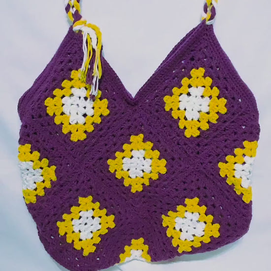 MN Vikings Inspired Crochet Granny Square, Lined Tote Bag