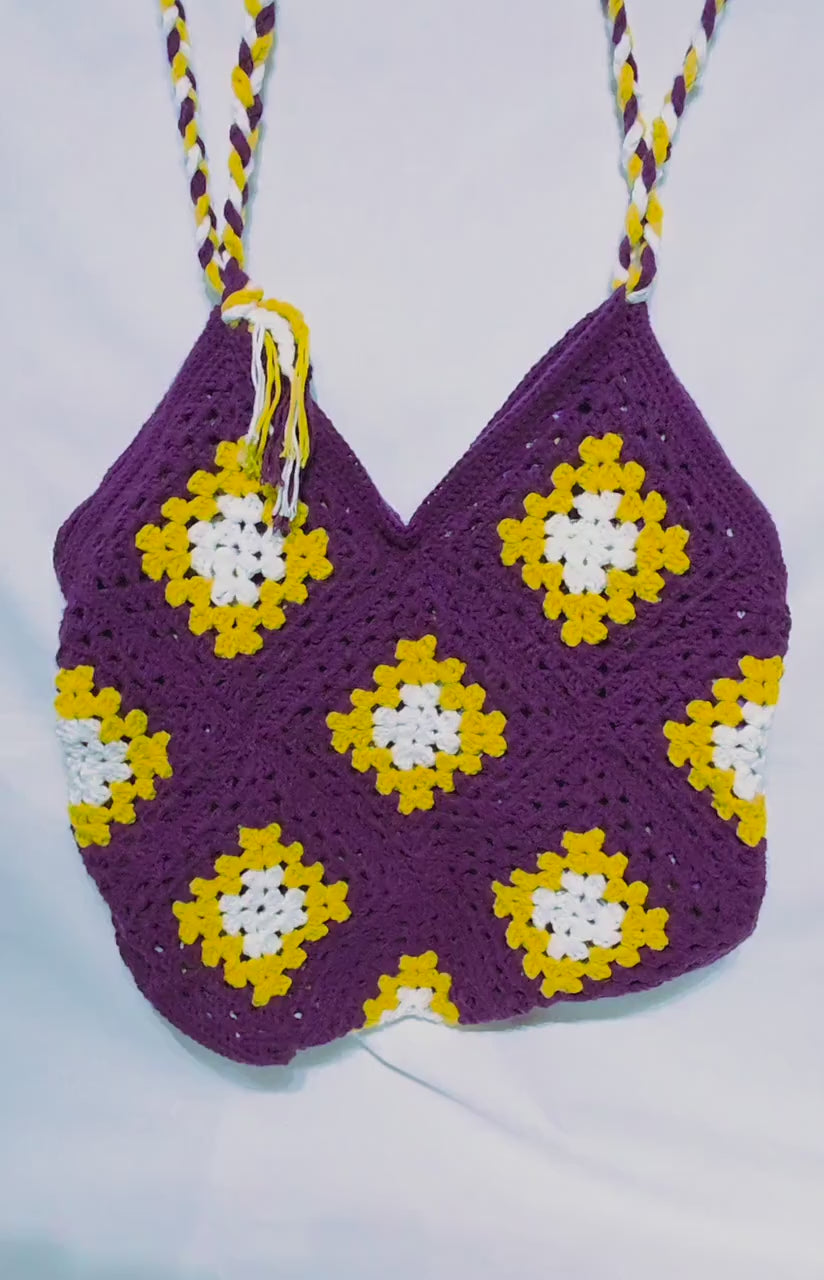 MN Vikings Inspired Crochet Granny Square, Lined Tote Bag